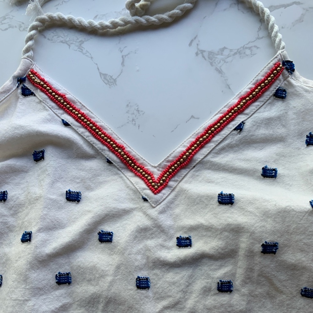 Aerie Embroidered Beaded Rope Tie Cropped Halter Tank Top | Medium - Picture 4 of 8